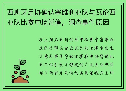 西班牙足协确认塞维利亚队与瓦伦西亚队比赛中场暂停，调查事件原因